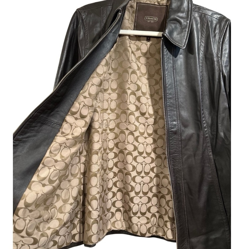 COACH Vintage DarkBrown Soft Leather Zip Jacket 2 Pockets Signature C Lining EUC - Picture 3 of 16